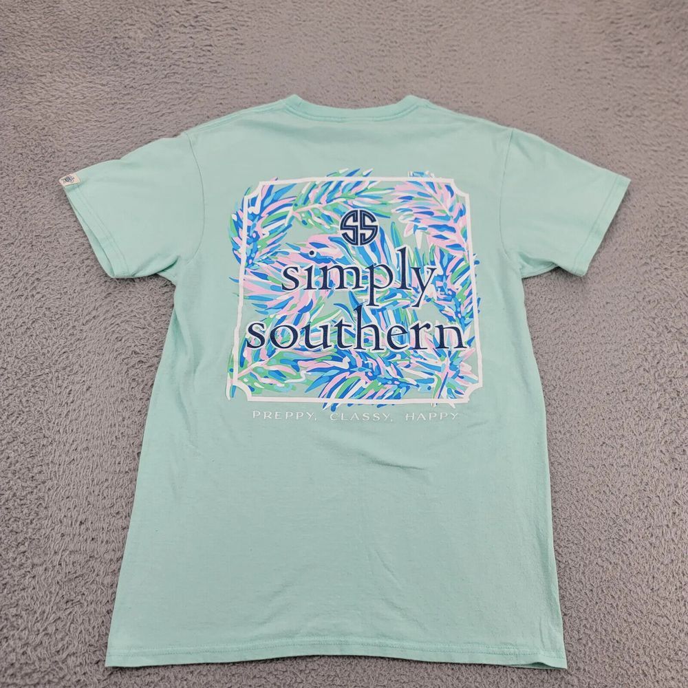 Simply Southern Shirt Womens Small Green Preppy Classy Happy Colorful Palm Logo